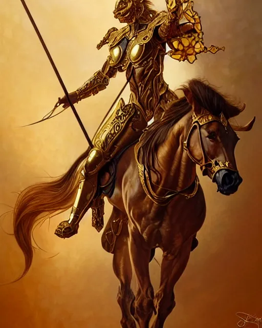 Prompt: a centaur in ornate golden armor, fantasy character portrait, ultra realistic, intricate, elegant, highly detailed, digital painting, artstation, smooth, sharp, focus, illustration, art by artgerm and greg rutkowski and alphonse mucha