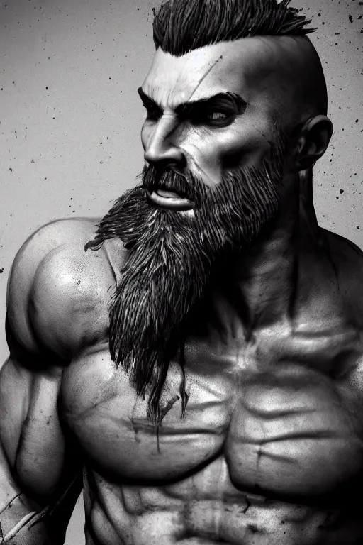 Image similar to a single muscular man wearing torn clothes, looking to the right, profile picture, hyperrealistic, concept art, octane render, unreal engine 5, trending on artstation, high quality, highly detailed, 8 k, dramatic lighting, cinematic, high coherence, anatomically correct, five fingers, digital art, seductive, black and white, big beard