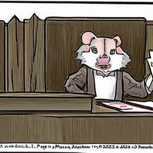 Image similar to an opossum as a judge wearing a black robe, sitting behind the desk in court, slamming his gavel, angry looking