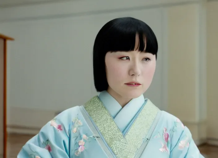 Prompt: a film still of a japanese princess young lady called kamisato ayaka, with white hair and bangs!!!! in the grand budapest hotel ( 2 0 1 4 )