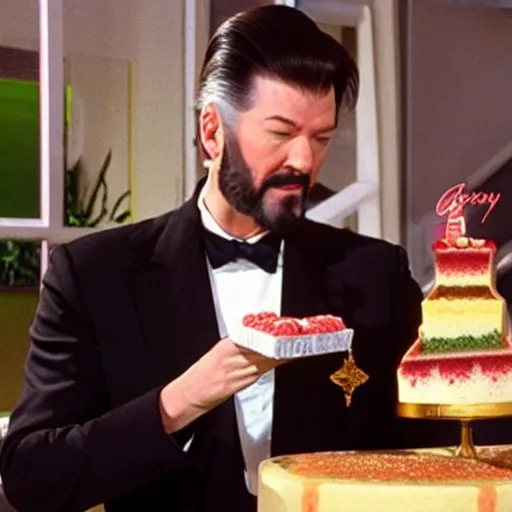 Prompt: commander riker eating a cake made of deanna troi