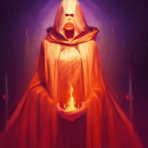 Image similar to ( a priestess with a hood that covers half her face carries an incense burner that emits a pleasantly colored flame. ) by anato finnstark, dream, full body portrait, dynamic lighting, beautiful, trending on artstation, wallpaper, 4 k, award winning, digital art, very detailed faces