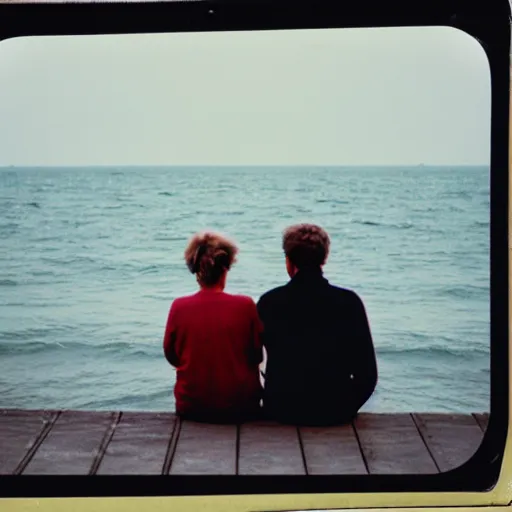 Image similar to 3 5 mm film photo of a man and a woman sitting with the sea behind them, hyperrealistic