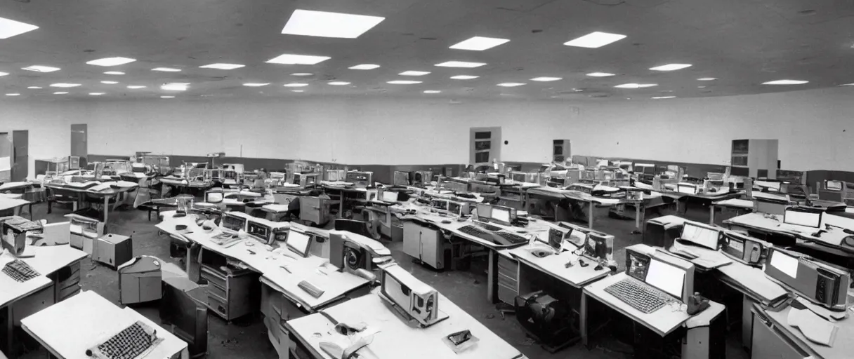 Image similar to movie still 4 k uhd 3 5 mm film color photograph of an abandoned computer laboratory control room full of cold war era computers