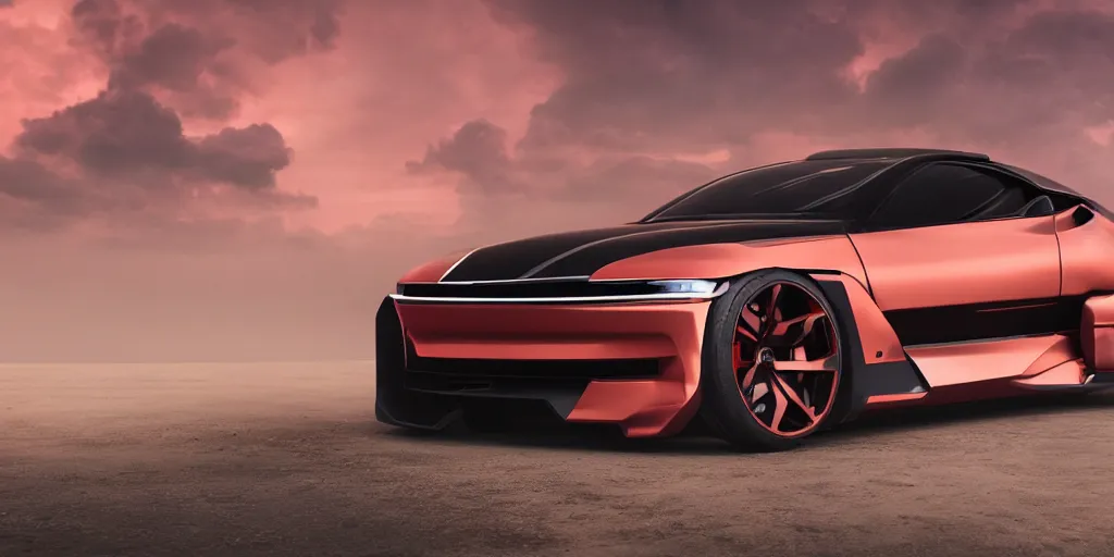 Image similar to a design of a futuristic race car, lifted off-road tires, designed by Polestar and DMC, vaporwave sunrise background, brushed red copper car paint, black windows, dark show room, dramatic lighting, hyper realistic render, depth of field