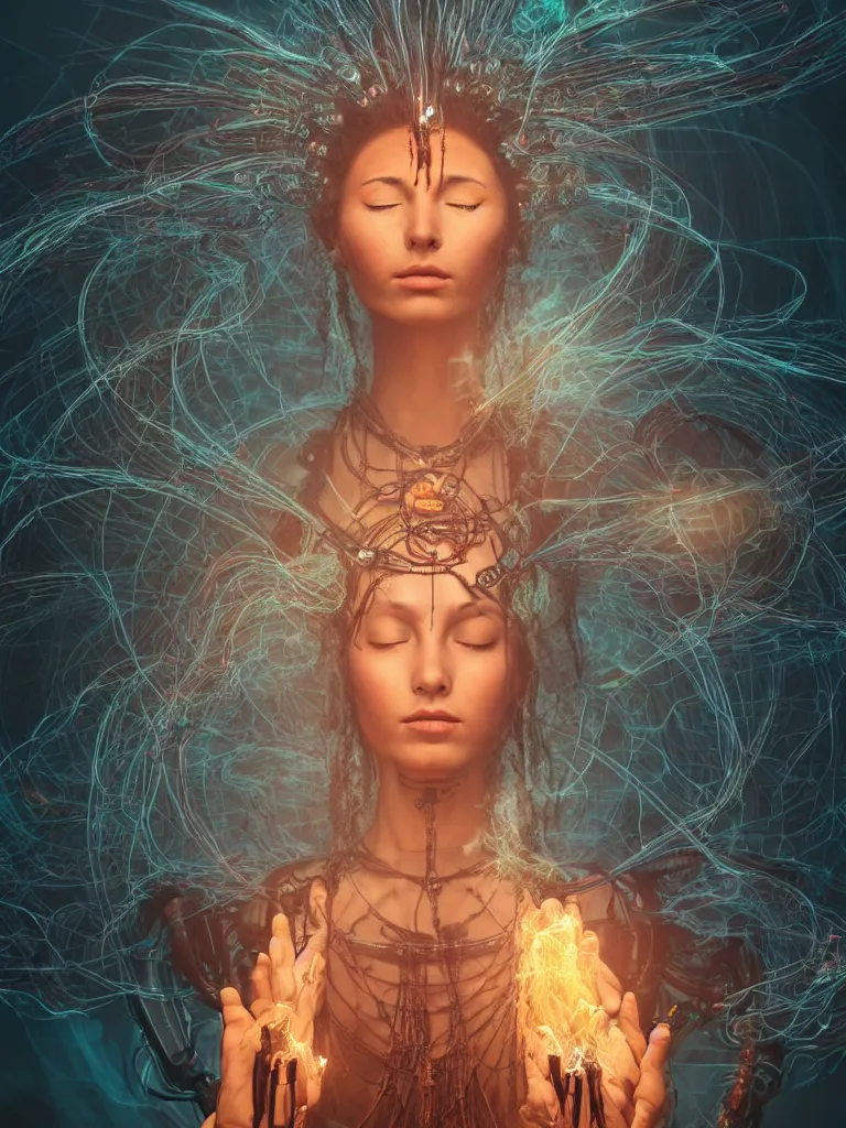 Image similar to an ancient mystical alluring female shaman generating flowing energy and surrounded by wisps of incense smoke meditating in a cybernetic robot temple , face face face