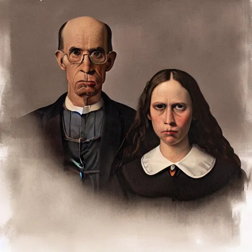 Image similar to the american gothic painting, highly detailed, digital painting, artstation, concept art, smooth, sharp focus, by Gustave Courbet