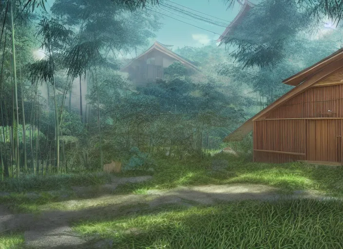 Prompt: deep in a japanese bamboo forest, small cozy house in distance with garden, sunny, cartoony, sketched, mid day, realistic lighting, light rays, by ghibli studio, arcane, wild rift, trending on artstation, 4 k, hd