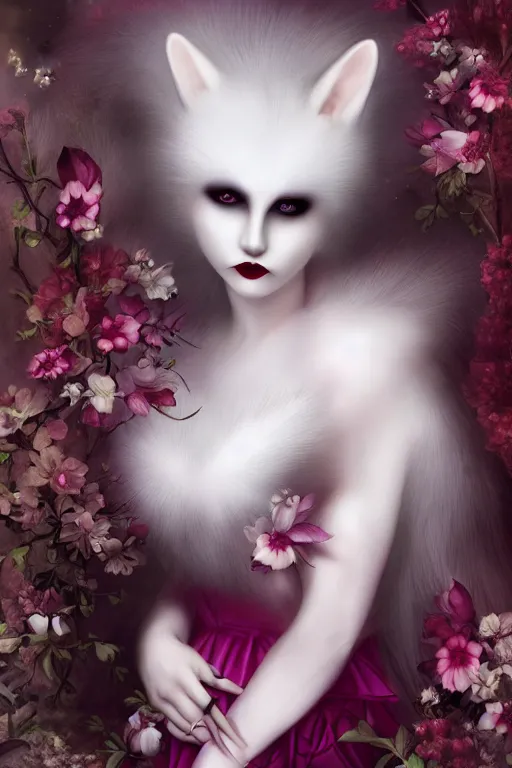 Prompt: vampire white fox, flowerpunk, painterly, by Natalie Shau