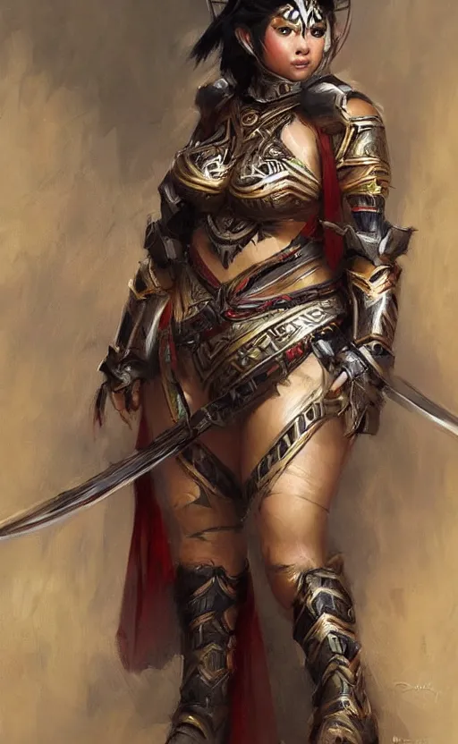 Image similar to curvy asian tribal armor girl by daniel gerhartz, trending on art station