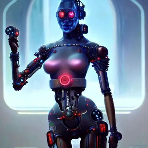 Image similar to a beautiful highly detailed futuristic mechanical lady, seductive confident pose, art by greg rutkowski and mark keathley, geof darrow, cyberpunk, 7 0 mm photo, featured on artstation, 4 k, octane render