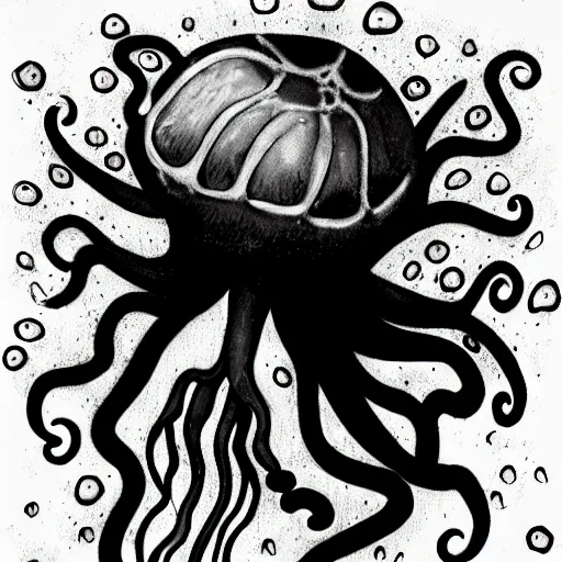 Image similar to hyperrealistic clicker from the last of us, flowers blooming and bursting, octopus, jellyfish, black and white, high contrast, soft focus, sharp, red, highly detailed