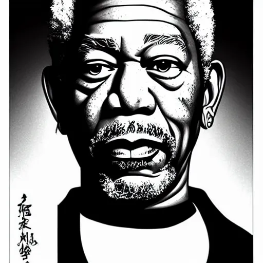 Image similar to morgan freeman, in the style of manga, black and white, highly details, serious, drawn by akira toriyama, trending on artstation