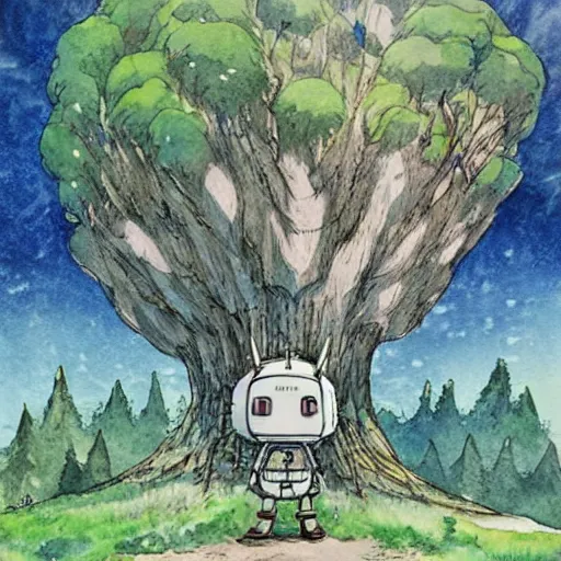 Image similar to laputa castle in the sky robot hayao miyazaki stands in a small clearing among trees, watercolor illustration for a book