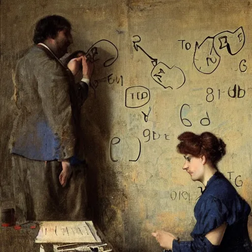 Image similar to a young man and a young woman solving an escape room puzzle, mysterious markings on the wall, by alfred stevens