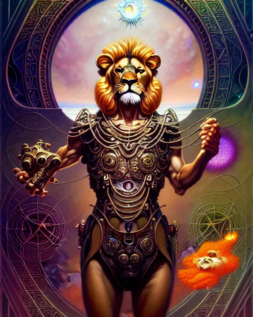 Image similar to a lion tarot card, fantasy character portrait made of fractals, ultra realistic, wide angle, intricate details, the fifth element artifacts, highly detailed by peter mohrbacher, hajime sorayama, wayne barlowe, boris vallejo, aaron horkey, gaston bussiere, craig mullins