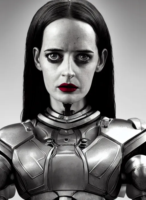 Image similar to hyper realistic photography portrait of heroic warhammer machine robotic android girl, eva green, wednesday addams, cinematic, chaos marine, artstation, cgsociety, full head and shoulders, greg rutkowski, james gurney, mignola, craig mullins, brom redshift, vray, octane render