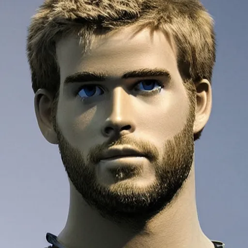 Image similar to “ a realistic detailed photo of a guy who is an attractive humanoid who is half robot and half humanoid, who is a male android, actor liam hemsworth, shiny skin, posing like a statue, blank stare, at the museum, on display ”