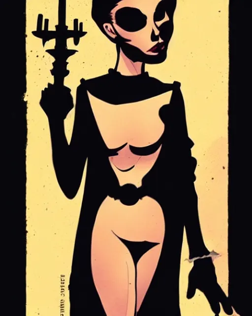 Prompt: style of mike mignola : : gorgeous willa holland : : evil witch, swirling black magic, black dress : : symmetrical face, symmetrical eyes : : full body pose : : gorgeous black hair : : magic lighting, low spacial lighting : :