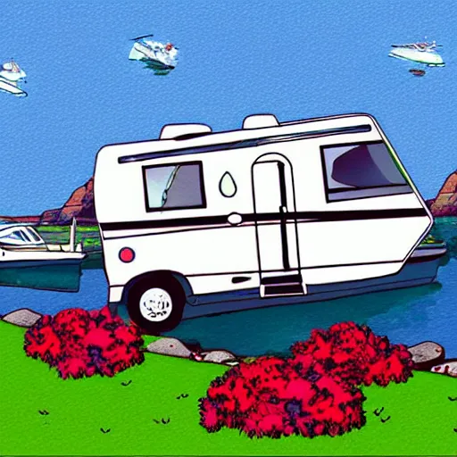 Prompt: very little class c motorhome on the grass by the harbor, rocky coast, sailboats, white background, digital cartoon painting art, 4 colors!!!