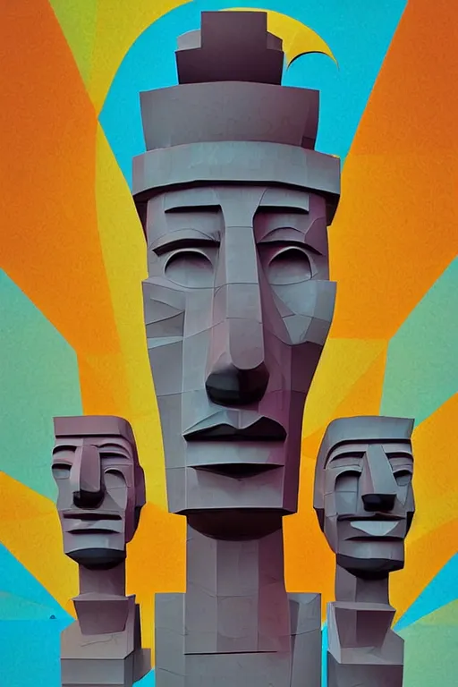 Image similar to cubist moai statue cutout digital illustration cartoon colorful beeple