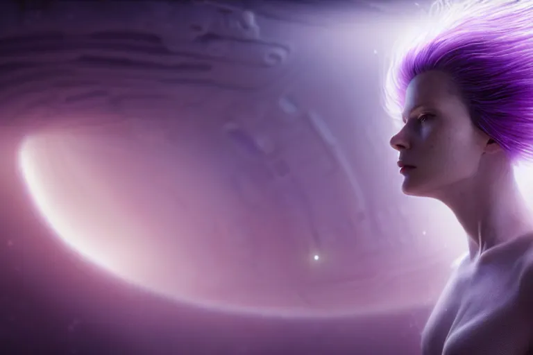Prompt: an ultra realistic, cinematic, close up portrait, of a pale woman with flowing purple hair, soft light, dreamy, facial features, standing in a space ship wreck, sci - fi armor, detailed, deep focus, movie still, dramatic lighting, ray tracing, by michal karcz and yoshitaka and david cronenberg
