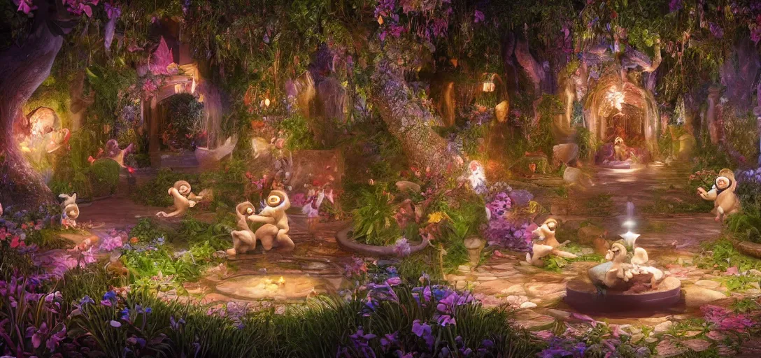 Prompt: a magic garden, with monkeys playing with diamonds, fairies and scissors, details, smooth, sharp focus, illustration, realistic, cinematic, artstation, gold, ornate, award winning, original modern artwork, rgb ethereal lighting, 8k