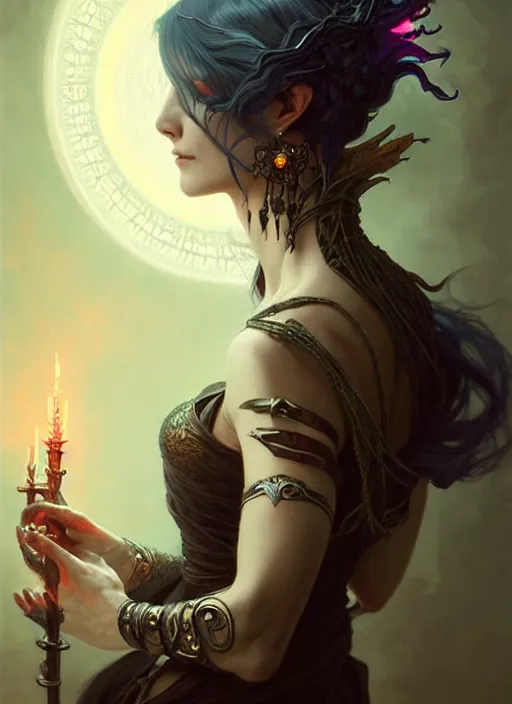 Image similar to Necromancer Sorceress goddess of death, fantasy sorceress magic, undercut hairstyle, dark light night, intricate, elegant, sharp focus, illustration, highly detailed, digital painting, concept art, matte, art by WLOP and Artgerm and Greg Rutkowski and Alphonse Mucha, masterpiece