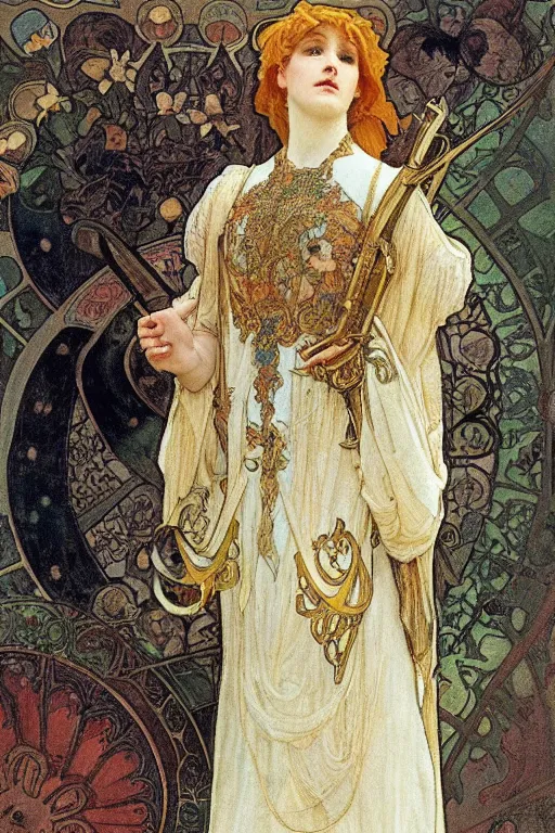 Prompt: full body of a beautiful woman wearing shining armor, fantasy, intricate, elegant, D&D, painted by alphonse mucha and edgar maxence