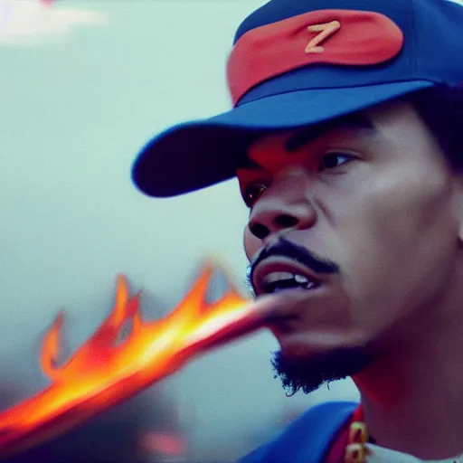 Image similar to cinematic film still of Chance The Rapper starring as a Samurai holding fire, Japanese CGI, VFX, 2022, 40mm lens, shallow depth of field, film photography