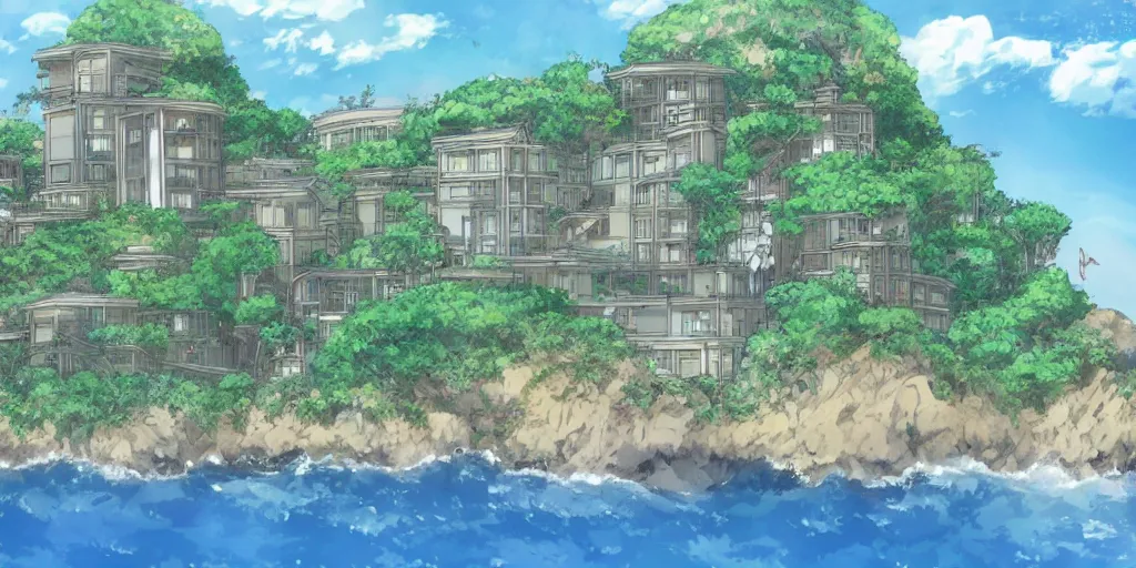 Prompt: A college with buildings designed like Sea Ranch built on a low cliff above the ocean, art by Hayao Miyazaki, art by Studio Ghibli, anime style