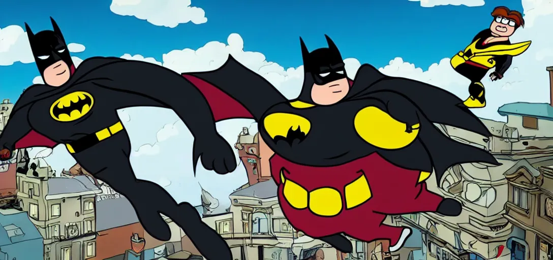 Image similar to peter griffin as batman, flying in sky