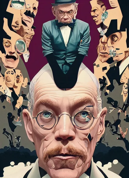 Image similar to poster artwork by Michael Whelan and Tomer Hanuka, Karol Bak John Malkovich is a conductor in tuxedo tails, from scene from Twin Peaks, clean