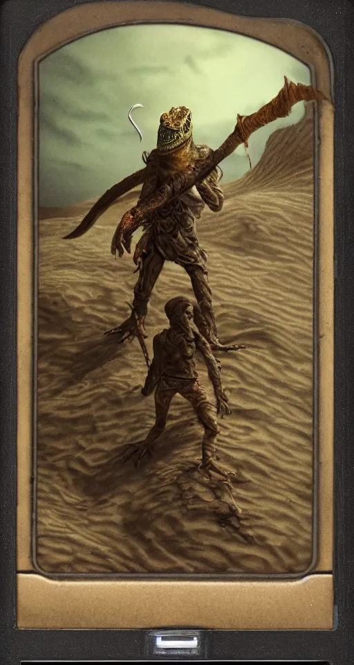 Image similar to charred photograph of a half man half lizard hybrid exploring a dune with treasure in his backpack and a sword in his hand, 4 k, detailed, landscape, realistic, polariod