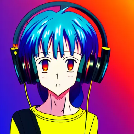 Image similar to An anime character's head wearing retro headphones. 90s anime, Sailor Moon, Neon Genesis, official art, flat cell shading, fantastic screenshot art, trending on artstation, muted nostalgic colors