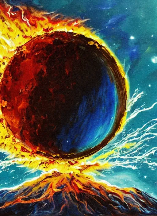 Prompt: painting of the moon colliding with earth and exploding