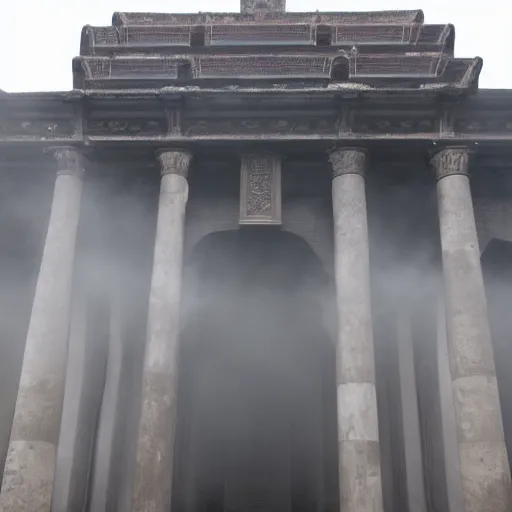 Prompt: Temple of knowledge, foggy entrance, mysterious architecture, clouds at entrance