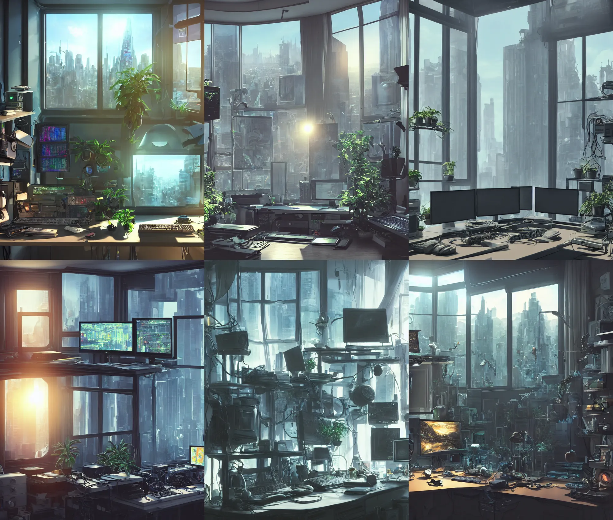 Image similar to detailed scifi artstation scene of a complex computer workstation in a small studio apartment room, single potted plant, many monitors, many electronics, a window view of the city, maximalism, volumetric light, sunny amber morning light, sun beam, cinematic composition, unreal engine, hyperrealism, realistic shading, blender render, photorealistic, wide shot