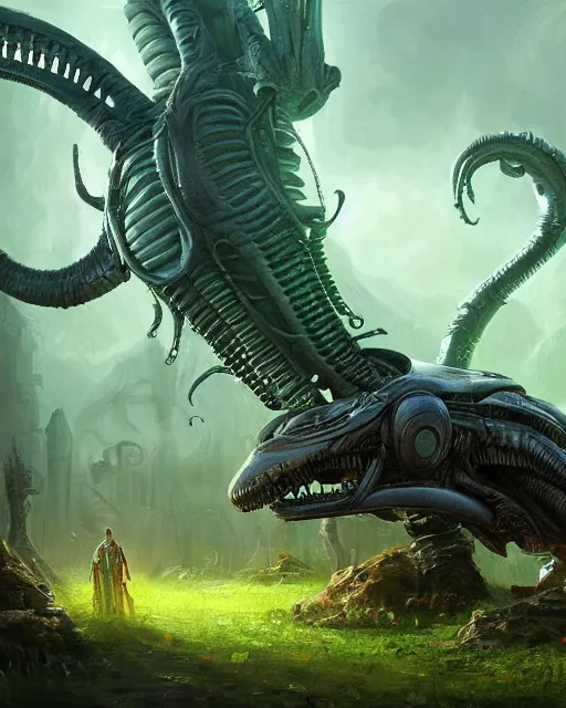 Image similar to xenomorph taxi car in a fantasy village, calming, uplifting mood, ultra realistic, farm, small buildings, highly detailed, atmosphere, masterpiece, epic lighting, elves, green plants, magic, illuminated, 4 k, cinematic, morning sun, art by eddie mendoza and sylvain sarrailh and jonathan berube