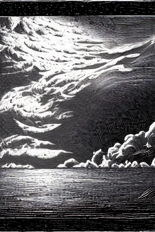 Prompt: a beautiful wood engraving on paper of a storm on the sea, 8 k, frostbite 3 engine, cryengine, dof, trending on artstation, digital art, crepuscular ray