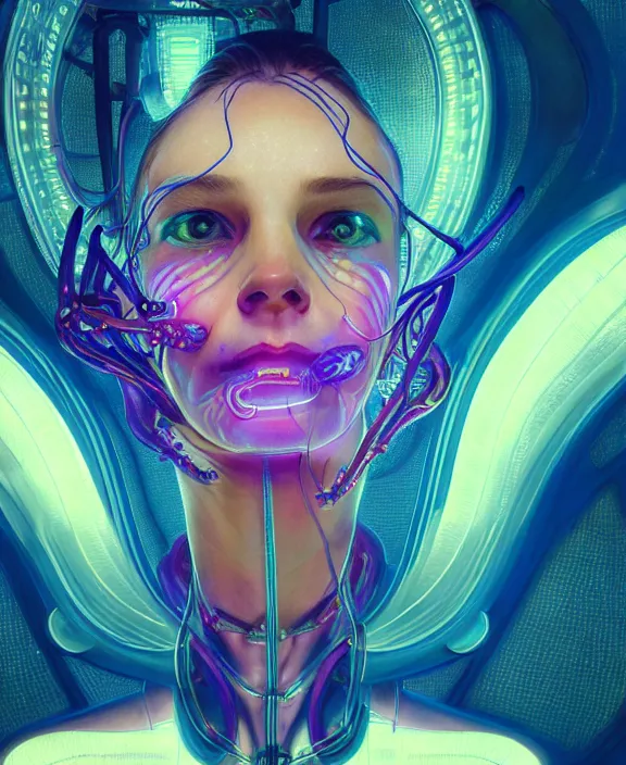 Prompt: intricate neon light portrait of a disturbing beautiful alien insect creature, mottling coloring, adorable, childlike, medical equipment hospital environment, ultra realistic, concept art, art nouveau, photorealistic, octane render, 8 k, unreal engine. art by christopher marley and artgerm and greg rutkowski and alphonse mucha