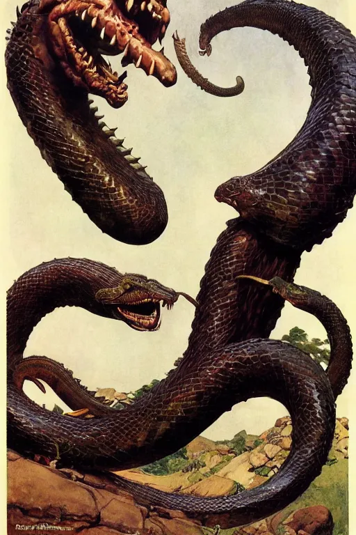 Image similar to giant serpent creature, norman rockwell, jacob collins, tom lovell, frank schoonover, james gurney