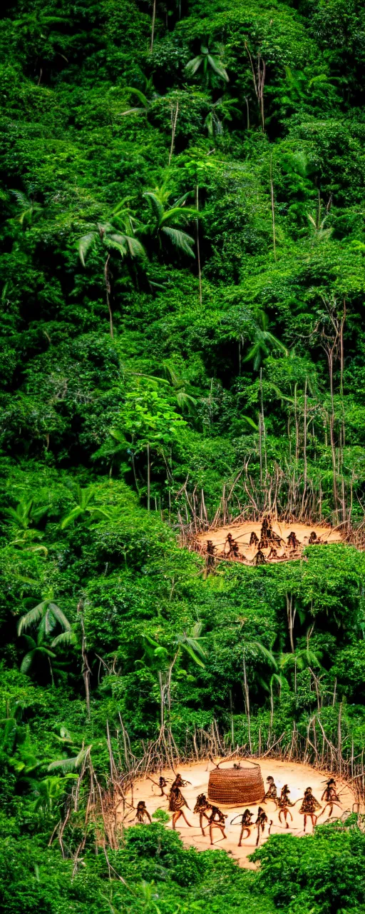 Prompt: High quality photo of an uncontacted amazonian tribe performing an occult tribal ritual around a huge cauldron in the middle of the jungle, shot on a Sony a7
