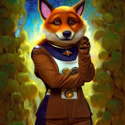 Prompt: a portrait of a female dog dogwoman canine in starfleet uniform at night in a dark forest. zootopia fursona furaffinity furry art detailed face painting by gaston bussiere craig mullins jc leyendecker gustav klimt artgerm greg rutkowski furry