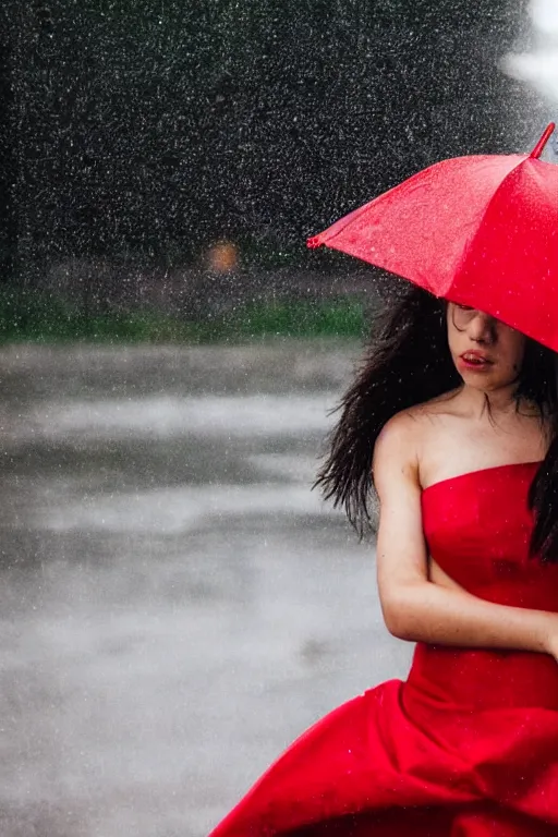 Image similar to a girl in a red dress crying in the middle of a city while its raining