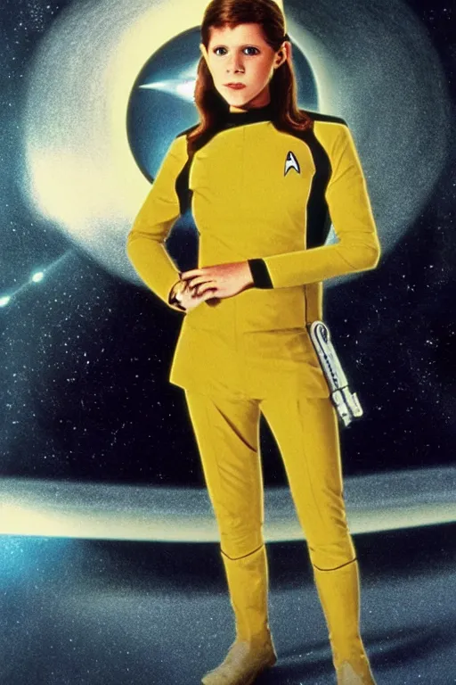 Prompt: photorealistic!! young adult carrie fisher as a star trek captain, yellow starfleet uniform, film quality