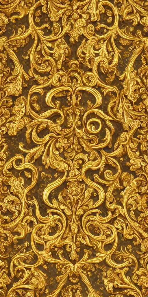 Prompt: seamless 3D baroque gold pattern, Beautiful dynamic shadows , gold and pearls, symmetrical, rococo elements, damask, Artstation, versace pattern, supersharp, no blur, sharp focus, insanely detailed and intricate, Octane render,8K