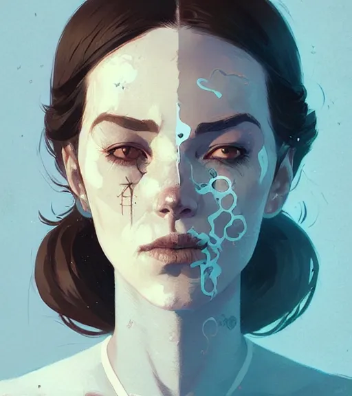 Image similar to portrait of a woman raised on the island face tatooes by atey ghailan, by greg rutkowski, by joe fenton, by kaethe butcher, by craig mullins, dynamic lighting, gradient light blue, brown, blonde cream and white color scheme, grunge aesthetic