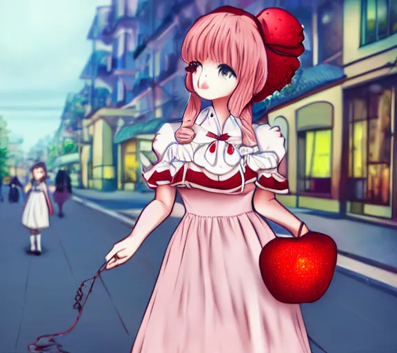 Image similar to a cute girl wearing a lolita dress, she is walking in a busy street, she is holding a red apple, anime art, hd, smooth