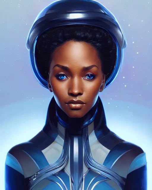 Image similar to Portrait of very very very very very very beautiful black woman, spacesuit, blue eyes, intricate, elegant, highly detailed, digital painting, artstation, concept art, smooth, sharp focus, illustration, art by artgerm and greg rutkowski and alphonse mucha